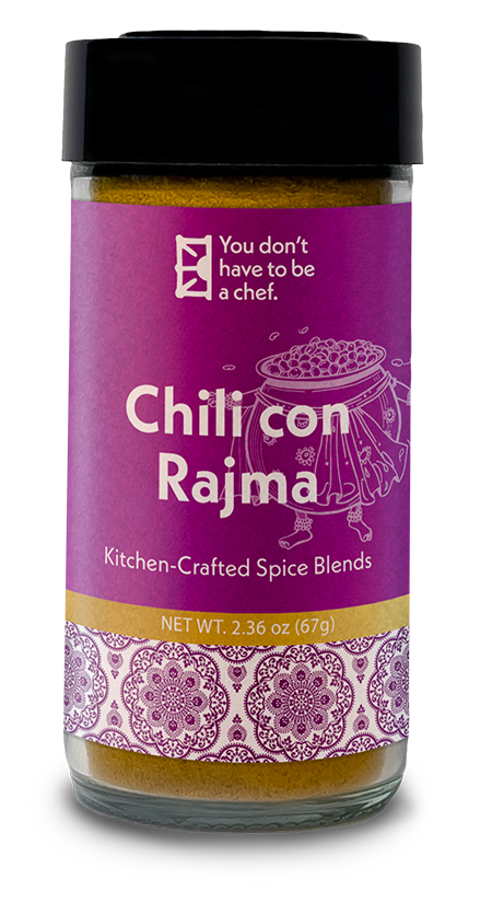 A bottle of Chili Con Rajma spice blend. Crafted for making authentic Indian Rajma, with kidney bean and rich, aromatic Indian spices.