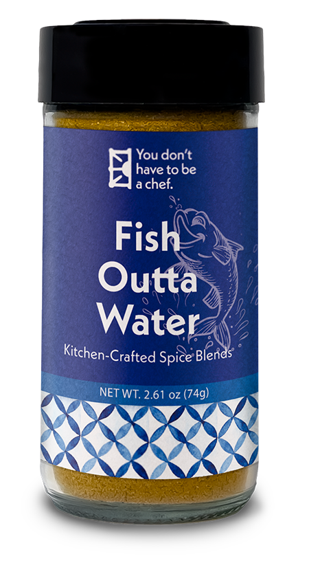 A bottle of Fish Outta Water Middle Eastern spice blend for seasoning fish, shrimp, and seafood with aromatic, bold Mediterranean flavors.