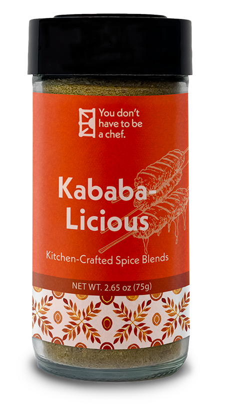 A bottle of Kababalicious spice blend. Middle Eastern kebab mix for making kofta kebabs with 8 expertly crafted spices, ideal for grilling or roasting.