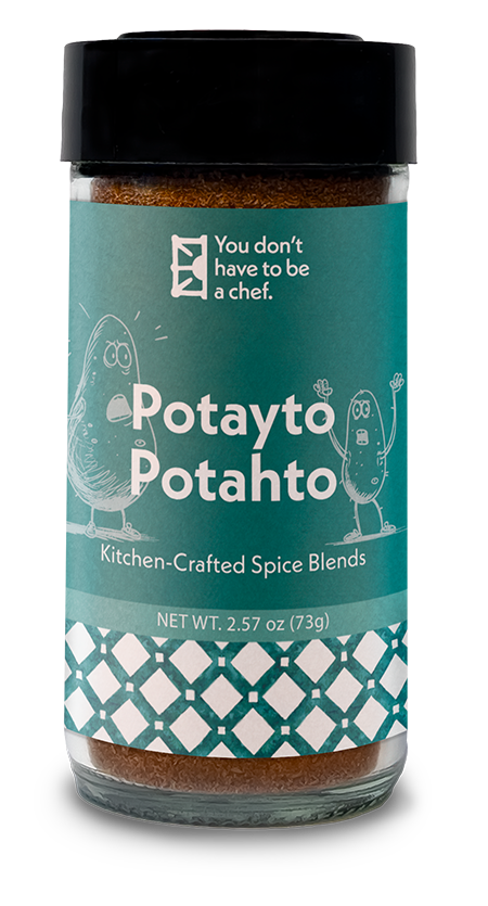 A bottle of Potayto-Potahto spice blend. A spice mix for roasted potatoes and vegetables with Mediterranean flavors.