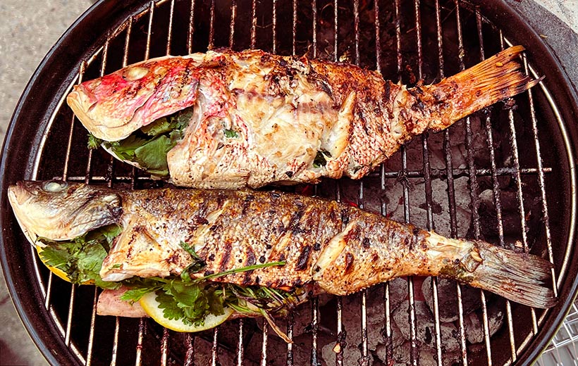 Picture of top of a lit grill with two whole Mediterranean grilled fish: Red Snapper, and Branzino. Both fish have grill marks and stuffed with herbs, lemon, and garlic.